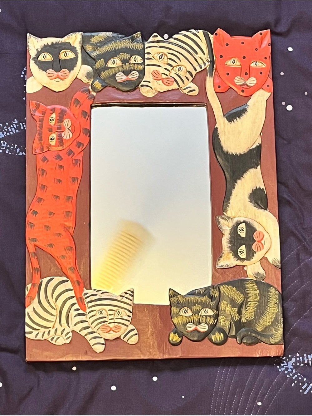 Unique Hand-Painted Cat Mirror Framed Approx 15in x 12in